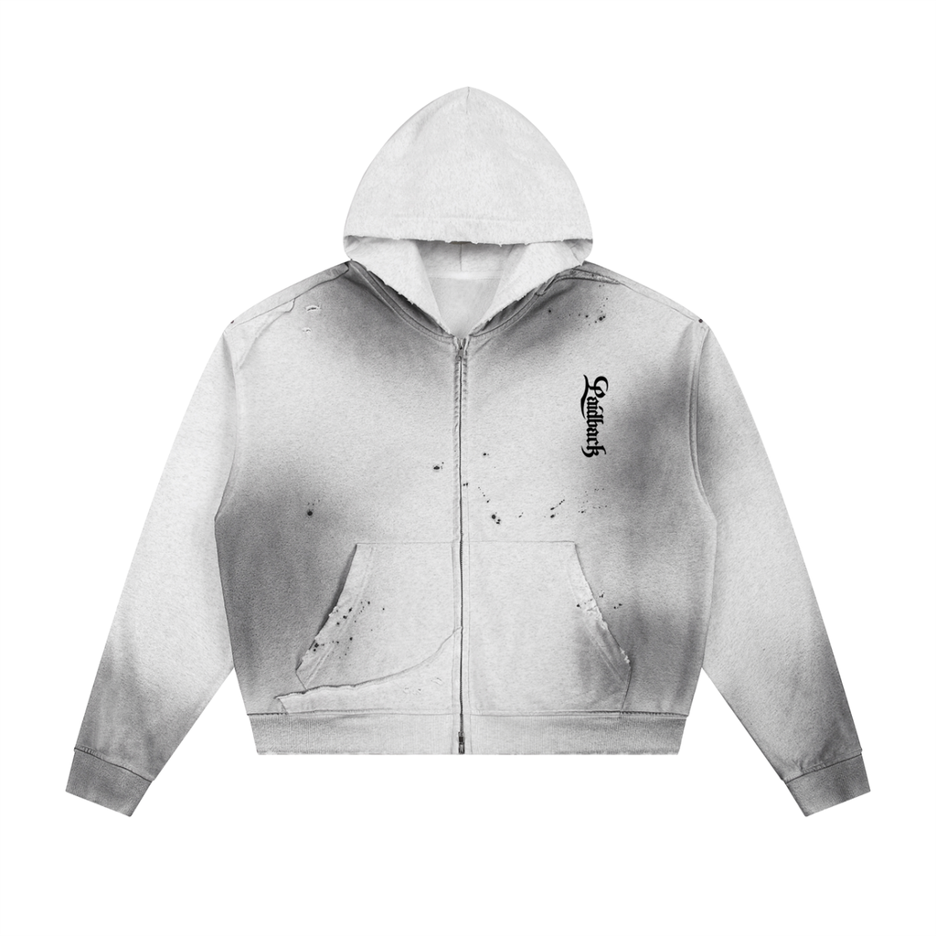 Sun Fade Frayed Raw Edge Fleece Zip Hoodie
